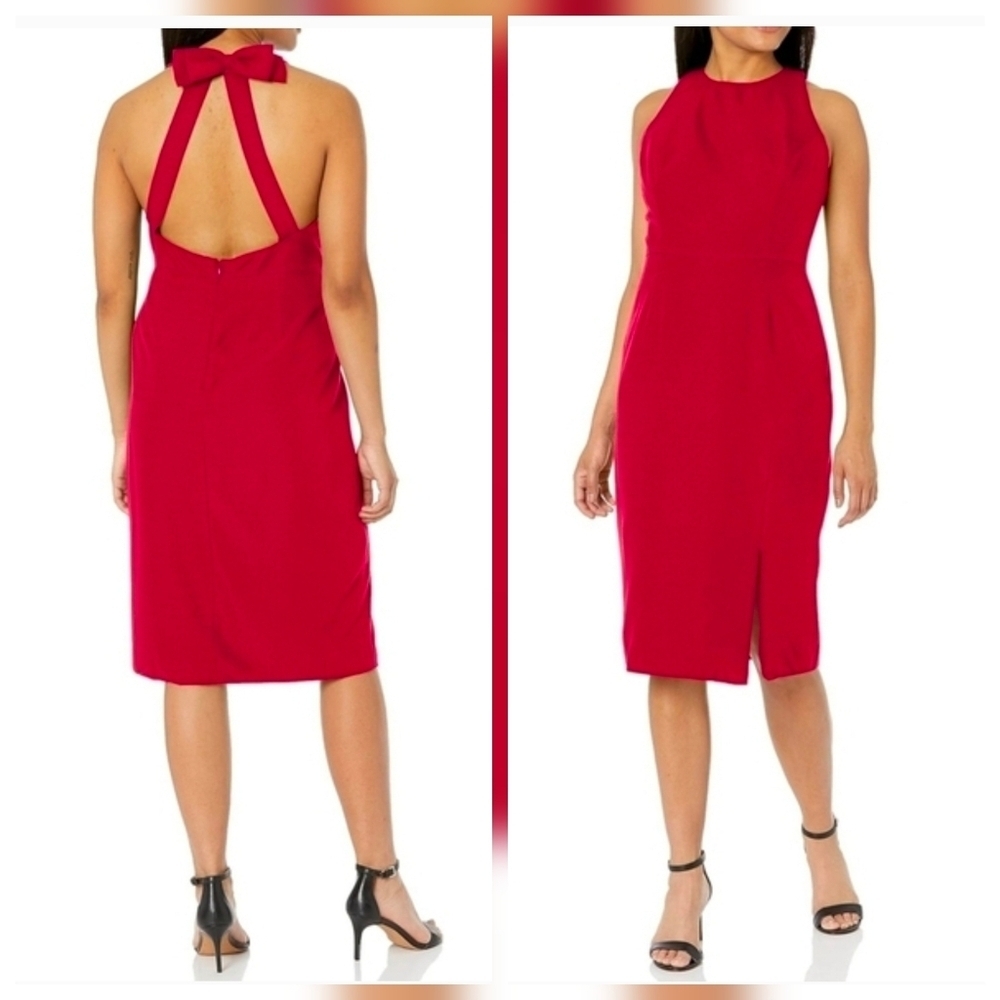 Dress the Population Women's Emme High Neck Back Bow Body Con Midi Dress RED XS
